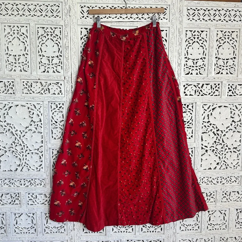 Vintage Century Boston Red‎ Holiday Floral Patchwork Velour Maxi Skirt Sz XS